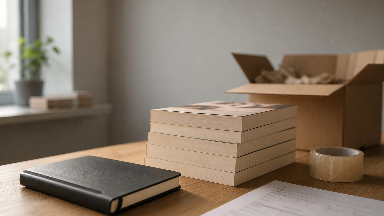 Pilha de exemplares recém-impressos ao lado de um notebook e de uma caixa de papelão