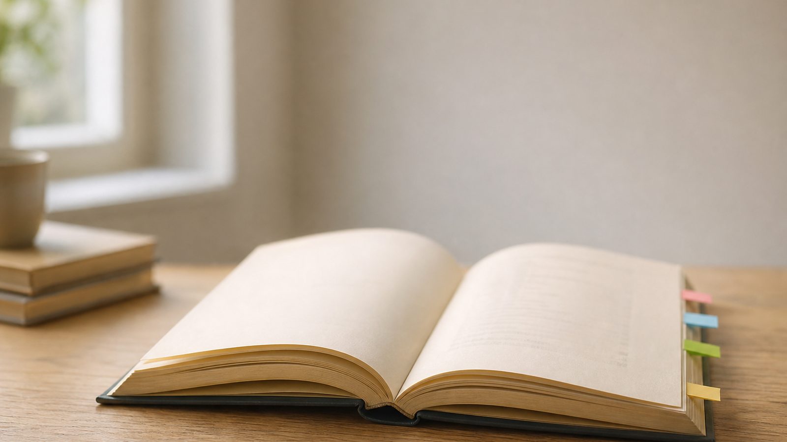 Livro aberto nas primeiras páginas, com marcadores de fita saindo das folhas