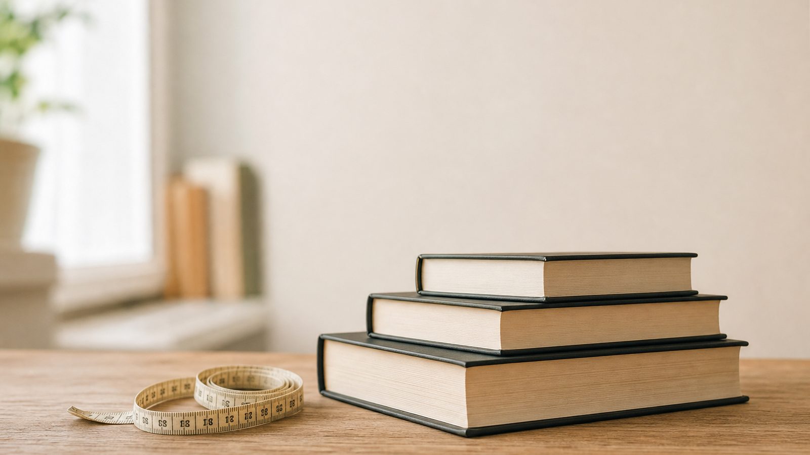 Três livros de tamanhos diferentes empilhados sobre uma mesa de madeira